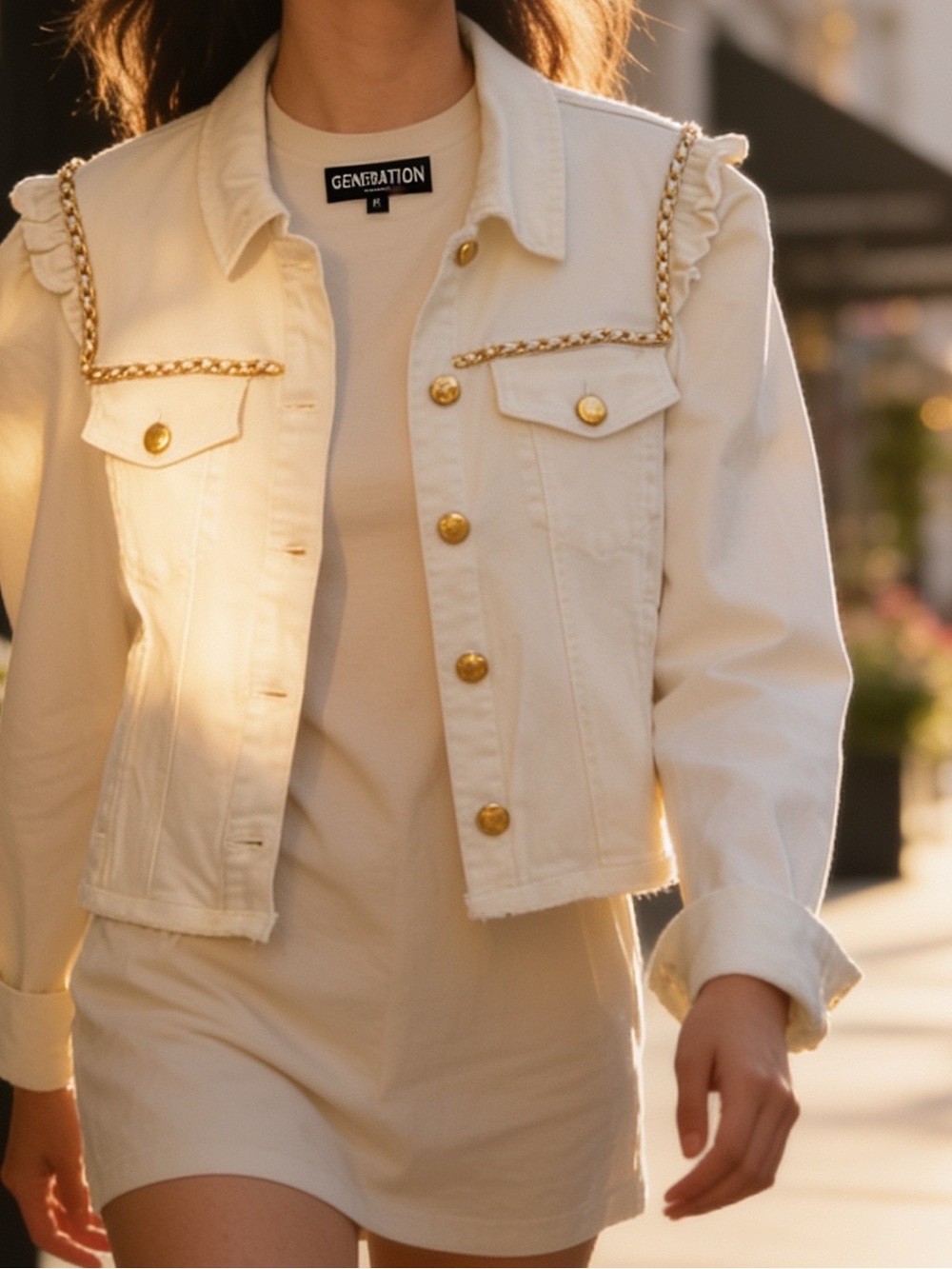 Generation Love Whitr Denim Jacket with Gold Chain Trim